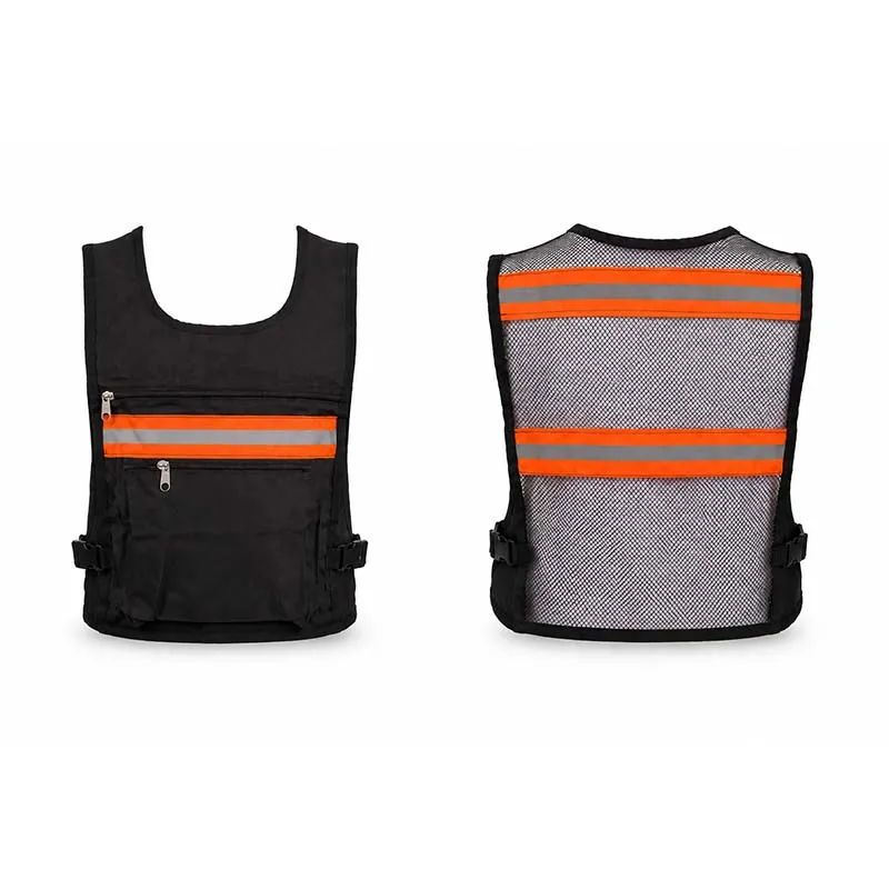 [A837] CHALECO DE MALLA CON BOLSAS NEGRO (FRANJA NARANJA REFLEJANTE)